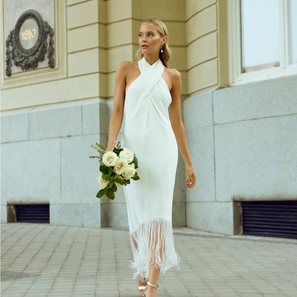 Sleeveless White Midi Dress with Fringe Hem
